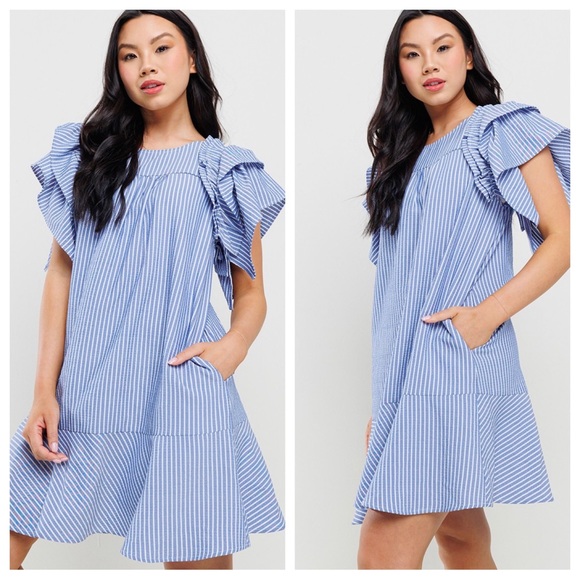 08 Stripe Pattern Ruffled Sleeve Dress - Picture 1 of 4